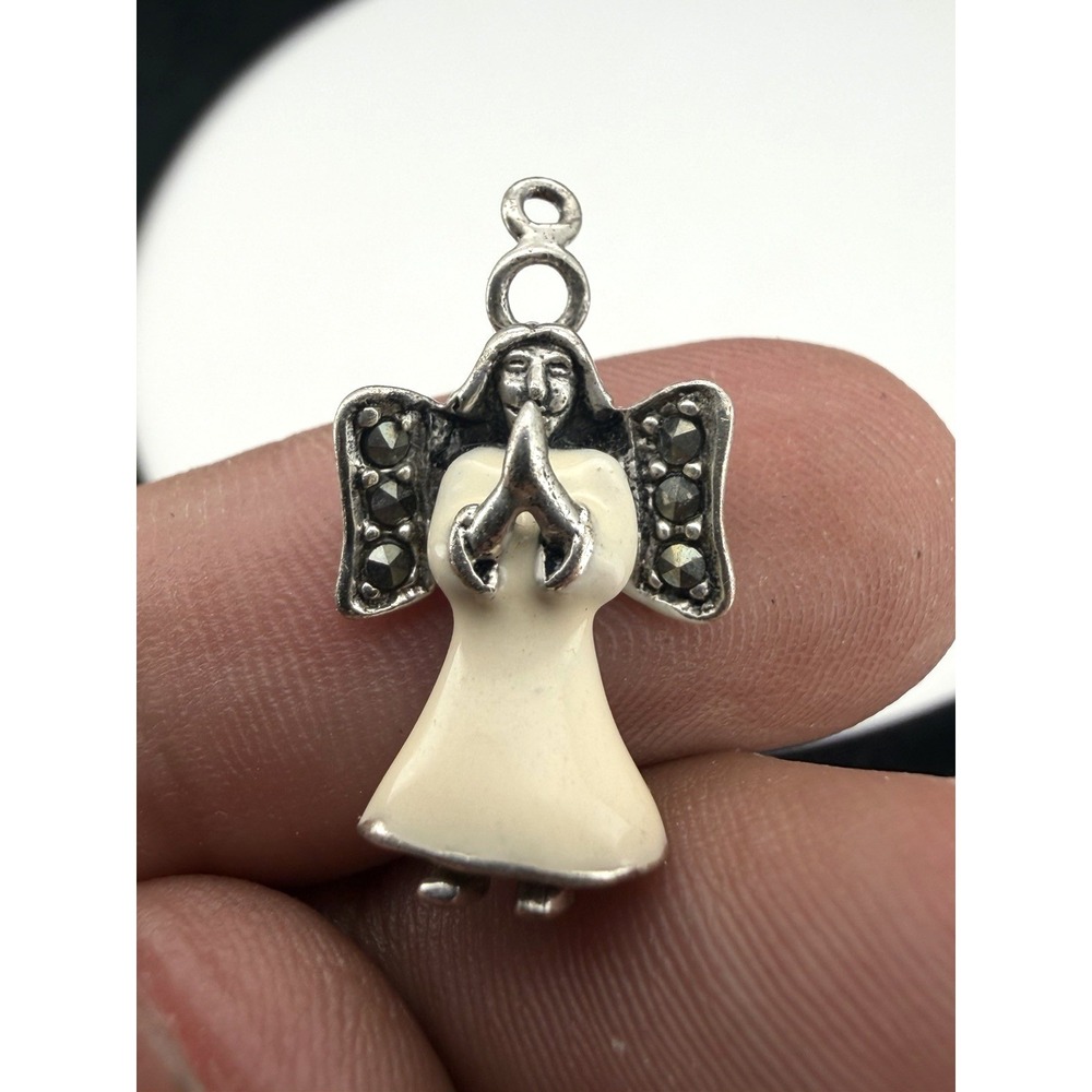 925 Sterling Silver White Enamel And Marcasite Angel Charm Pendant